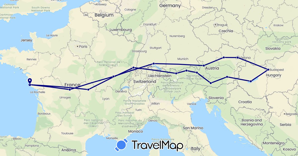TravelMap itinerary: driving in Austria, Germany, France, Hungary (Europe)